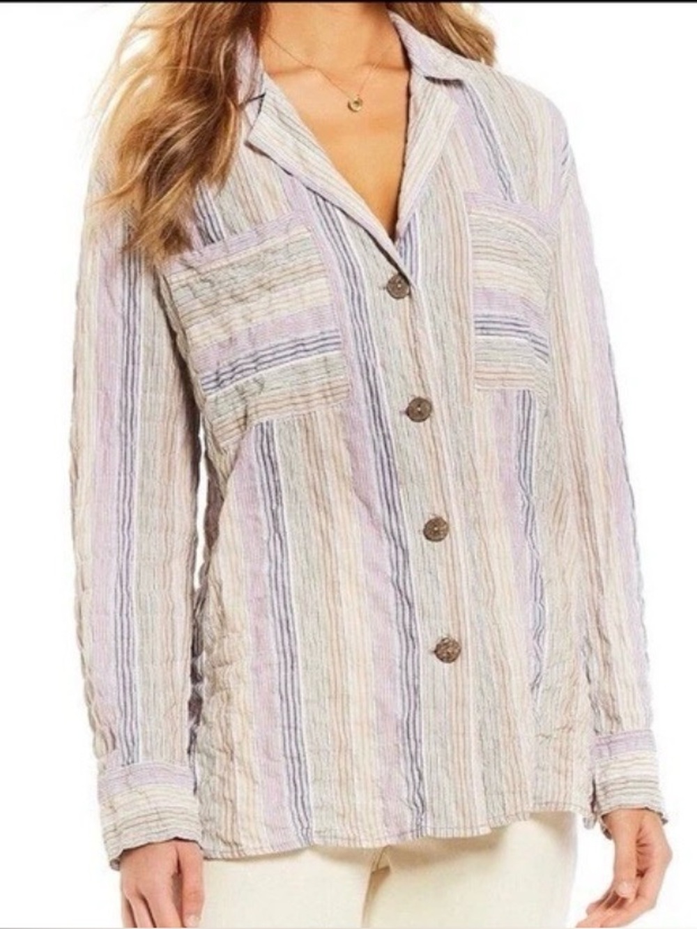 Free People High Tide Oversized  Striped Button Down Shirt Size Medium
